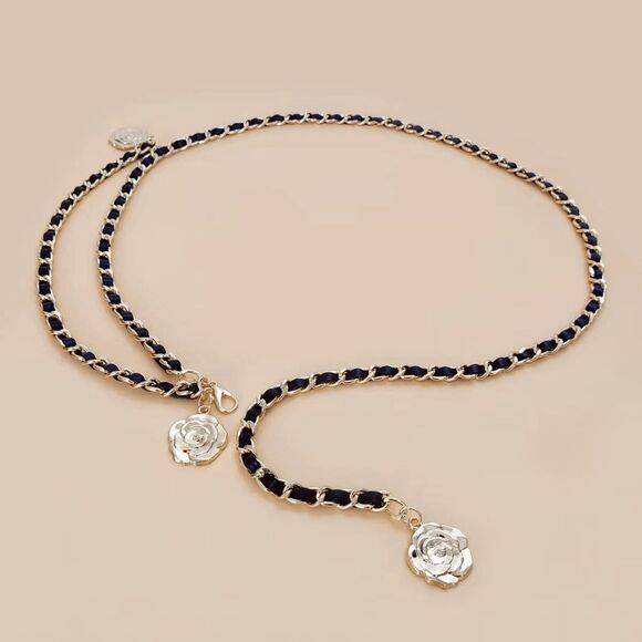 NEW Gold Black Rose Camellia Flower Charms Interwoven Chain Belt - Picture 12 of 14